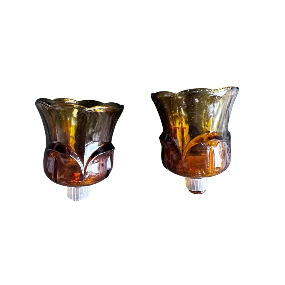 Homeco Amber Glass Tulip Votive Cup Peg Candle Holders Set of 2 Scalloped